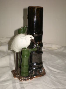Antique Sumida Gawa Kiln 8" bamboo Vase Bird Egret Ryosai Inoue II Metal Feet - Picture 1 of 11