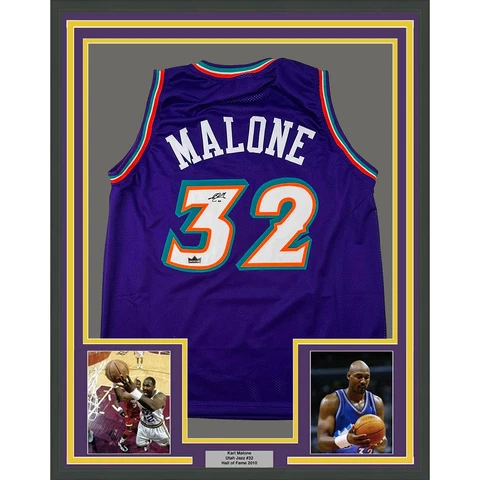 Framed Facsimile Autographed Karl Malone 33x42 Jazz Reprint Laser Auto Jersey Cover