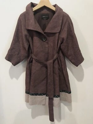 BCBG Abrigo Mujer XS Berenjena Largo Algodón Lino Clásico Núcleo Cápsula Armario Foto 1 de 4