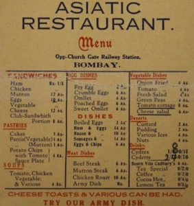 Menú de restaurante vintage café asiático fuente de refrescos Bombay India Mumbai años 40 - Imagen 1 de 8