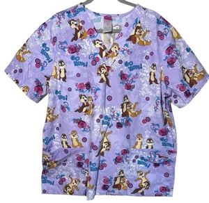CHIP 'N DALE "Go Nuts!" Scrub Top Womens XL Purple Disney Chipmunks Cartoon - Picture 1 of 6