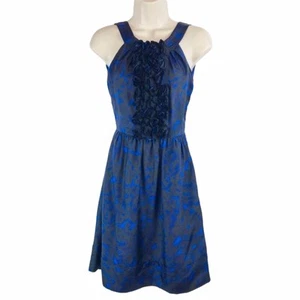 J. Crew 100% Silk Blue & Black A-line Dress Embellished Roses Size XS/0 - Picture 1 of 6