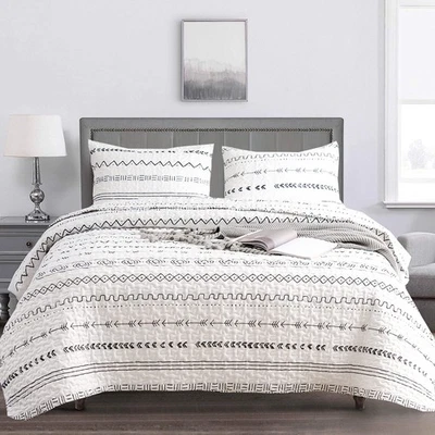 White Quilt Set King Size 3Pcs,Bohemian Design with White & Black Geometric P... - Image 1 of 4