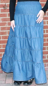 40" LONG TIERED BLUE DENIM SKIRT | WOMEN MODEST PENTECOSTAL SKIRT | WATERFALL - Picture 1 of 2