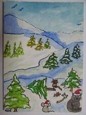 ACEO Original Watercolor Cat Mouse Finding the Perfect Christmas Tree No 258 KEK