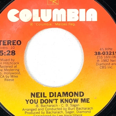 Neil Diamond 45 RPM Record You Don't Know Me / Heartlight CBS 1982 (Singles) Y - Image 1 of 3