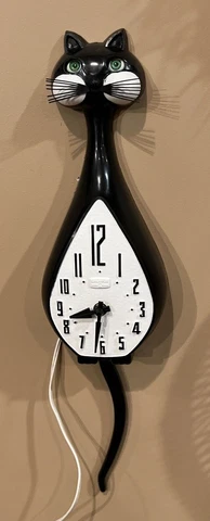 Vintage Black Spartus Cat Clock Animated Tail & Green Eyes Works Blinks! VIDEO! Cover