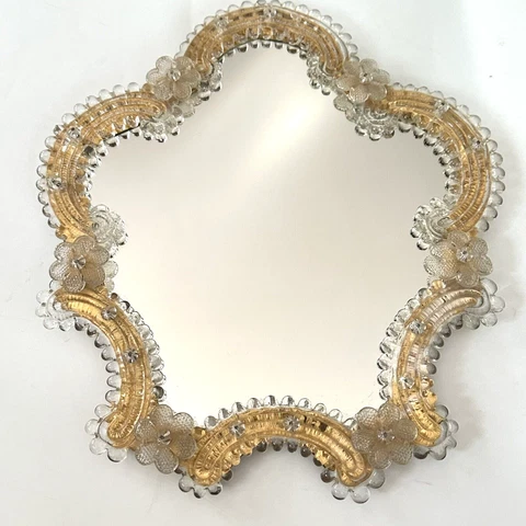 Murano Venetian Art Glass Mirror Italian Vtg on Gold Clear Flowers Wall Hanging Cover