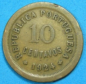 Portugal 10 Centavos Bronze Coin 1924, KM-573, Free S/H After 1st Item - Picture 1 of 2