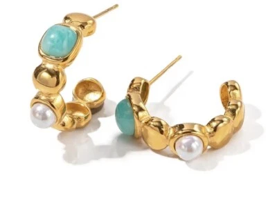 NEW GORGEOUS💕GOLD PLATED STAINLESS STEEL OPEN HOOP STONE FASHION EARRINGS SMALL - image 1 of 4