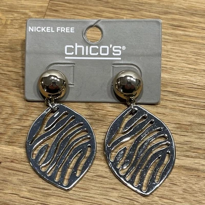 Chico’s Nickel Free Silver Tone Zebra Stripe Leaf Shape Dangle Earrings - NWT - Image 1 of 4