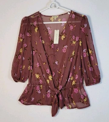 NWT Lily White Floral Peplum Top Sz M Mauve V-neck 3/4 Puff Sleeve Cottagecore - Image 1 of 4