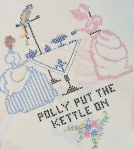 Tavolo vintage cotone fatto a mano punto croce quadrato 34x34 polly put bollitore ricamo - Foto 1 di 15