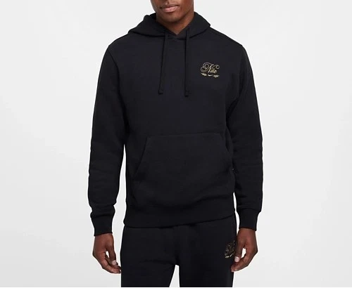 Nike Sportswear Script Logo Club Fleece Hoodie Black Gold Mens Size M HQ2476-010