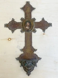 Antico Crocifisso Font in Bronzo con Dipinto di Gesù 14" - Foto 1 di 7