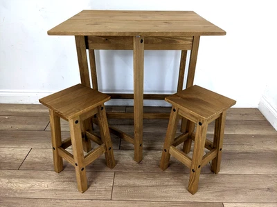 DINING TABLE Corona Pine Drop Leaf Extendable Wall Table 2 Stools FREE DELIVERY - Image 1 of 4