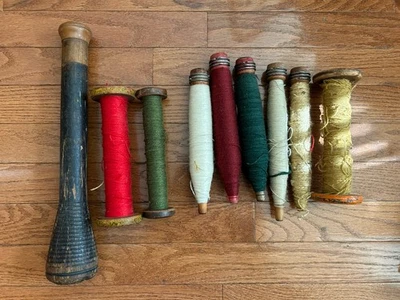 9 Antique Wooden industrial Thread Spools, Spindles And Bobbins w Thread - Image 1 of 4