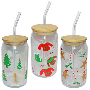 Christmas Drinking Glass with Lid and Straw - Choose Design - Picture 1 of 8