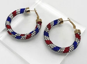 Kirks Folly Fairyland Freedom Crystal Stripe Americana Hoop Earrings - NIB - Picture 1 of 8
