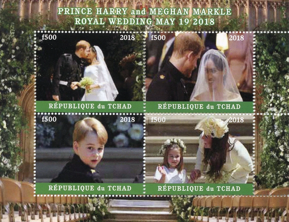 Estampillas de realeza de boda real del príncipe Harry y Meghan de Chad 2018 CTO 4v M/S III Foto 1 de 1