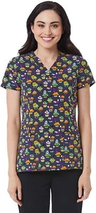 Maevn Women’s Print Scrub Top 1767 SPT V-Neck Spooky Treats Sizes S to 2XL - Picture 1 of 3