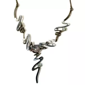 Abstract Rhinestone Black Silver Grey Zigzag Necklace Sparkly Unique Swirl Shine - Picture 1 of 5