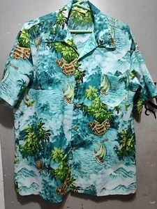 (DAMAGED) Vintage 1970s POMARE Palm Trees Hawaiian Tiki Men's Shirt Large XL - Picture 1 of 11