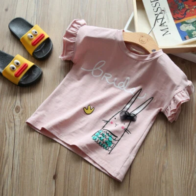 Camisetas con volantes de manga corta rosa blanco para niñas pequeñas Foto 1 de 2