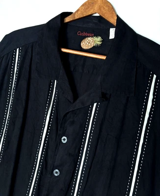 Camisa de seda hawaiana caribeña para hombre 2XL manga corta botón delantero rayas negras Foto 1 de 4