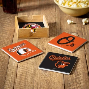 Baltimore Orioles Ceramic Coasters Set, 4pcs with Wood Caddy - Picture 1 of 4