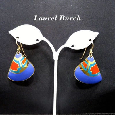 Vintage Laurel Burch Fan Earrings, Blue Red Teal Enamel, Gold Plated - Image 1 of 4