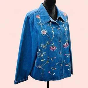 Camicia shacket denim ricamata floreale fata boho nonna cottage vintage anni 90 XL - Foto 1 di 6
