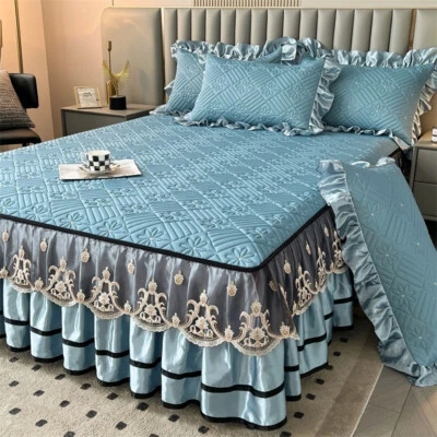 Summer Bedspread Vintage Queen Cool Latex Lace Ruffle Bed Skirt King 3PCS Soft - Image 1 of 4