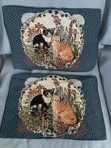 VTG Cats Tapestry Navy Blue Placemats Set  4 Orange Tabby Tuxedo Flowers - Picture 1 of 4