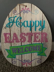Colorful Happy Easter Door Sign Plaque Easter Egg Rabbit Wooden - Picture 1 of 1