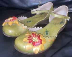 BALLERINE DONNA TAGLIA UK 4,5 VINTAGE PELLE VERDE, GIALLO E ROSSO FLOREALE YOMA - Foto 1 di 10
