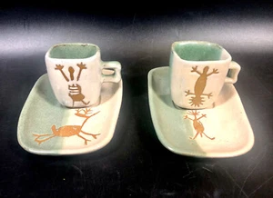 Keramik Demitasse Tassen & Untertassen Serra Da Capivara Brazil Pottery Petroglyph - Bild 1 von 7