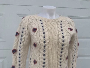 Vintage Hand Knit Cream Wool Chunky Knit  Cable sweater  shoulder zip small b36 - Picture 1 of 12