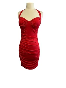 Polyester Sexy Red Pull On Stretched Ruched Bodycon Mini Dress Size S - Picture 1 of 6