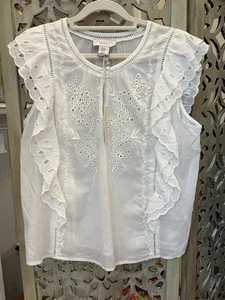 NWT Calypso 100% white cotton eyelet blouse size XL Ruffled - Picture 1 of 6