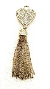 Vintage Gold Plated Over Copper Crystal Strass Pave Heart Tassel Pendant 3.5” - Picture 1 of 15