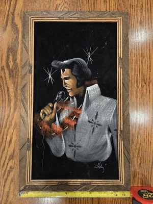 "Pintura artística firmada a mano de terciopelo negro vintage de Elvis Presley 13"" x 23"""  Foto 1 de 4