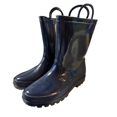 Kids Glossy Navy Blue Rubber Rain Boots Size 4 Big Kid Waterproof - Image 1 of 4
