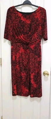 NUEVO Vestido Connected Apparel ELASTIZADO 12 Grande Rojo Negro Funcido Cintura Manga Corta Foto 1 de 4