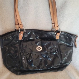 COACH Purse Black Shiny Glossy Patent Leather Shiny Tote Shoulder Purse A+ - Picture 1 of 6