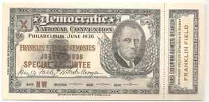 1936 DEMOCRATIC NATIONAL CONVENTION Ticket FDR Roosevelt Phila SPECIAL APPOINTEE - Picture 1 of 2