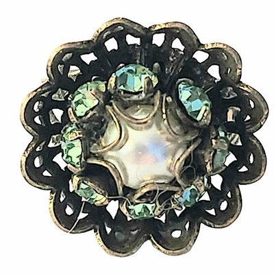 20 世纪 40 年代艺术装饰人造珍珠绿色玻璃金色大号可调节鸡尾酒戒指 — 第 1/4 张图片