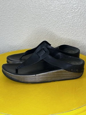 Sandálias Fitflop Ibiza 401-001 Tanga de Couro Preto Conforto Feminina Tamanho 10 - Imagem 1 de 4