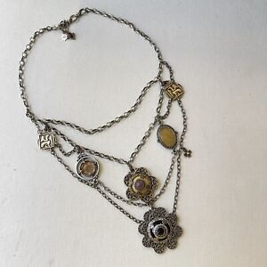 Lucky Brand Silver Tone Brass Festoon Bib Flower Chain Amulet Necklace Boho 16"