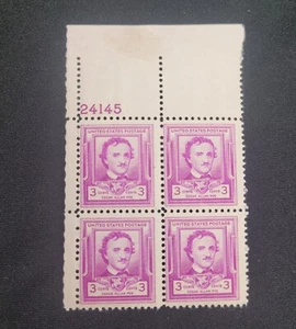 US Stamp #986 Edgar Allan Poe 3c Purple Violet Corner Block - Picture 1 of 8